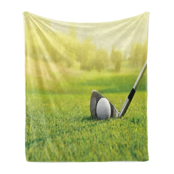 Golf Soft Flannel Fleece Blanket, Lets Golf Teeing Ground Golf Clubs and Ball on Grass in Morning Sunrise, Cozy Plush for Indoor and Outdoor Use, 70" x 90", Pastel Yellow Green Grey, by Ambesonne