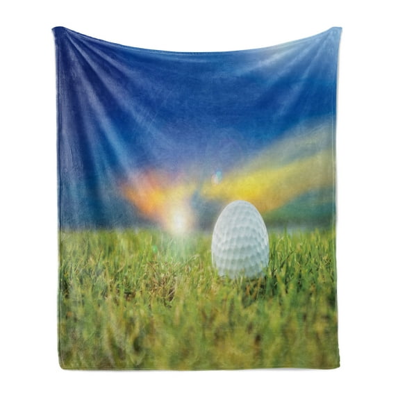 Golf Soft Flannel Fleece Throw Blanket, Ball on the Teeing Ground Lawn with Picturesque Sunset Rural Background, Cozy Plush for Indoor and Outdoor Use, 50" x 70", Lime Green Blue Yellow, by Ambesonne