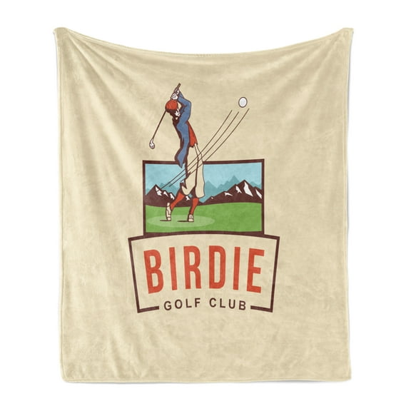Golf Soft Flannel Fleece Throw Blanket, Birdie Golf Club Advertisement Retro Poster Graphic Player Sports Entertaining, Cozy Plush for Indoor and Outdoor Use, 50" x 60", Cream Vermilion, by Ambesonne