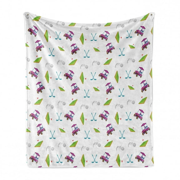 Golf Soft Flannel Fleece Throw Blanket, Clubs Carts Ball Flag on the Grass Championship Tournaments, Cozy Plush for Indoor and Outdoor Use, 50" x 70", Lime Green Purple, by Ambesonne