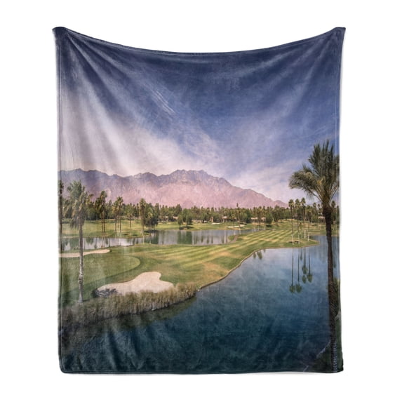 Golf Soft Flannel Fleece Throw Blanket, Picturesque Landscape of Chino Canyon Palm Springs Summer Day Setting, Cozy Plush for Indoor and Outdoor Use, 70" x 90", Olive Green Ceil Blue, by Ambesonne
