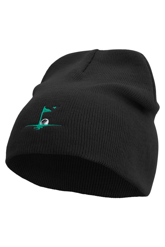 Golf Sport Flag Embroidered 8 inch Acrylic Short Beanie - Black OSFM