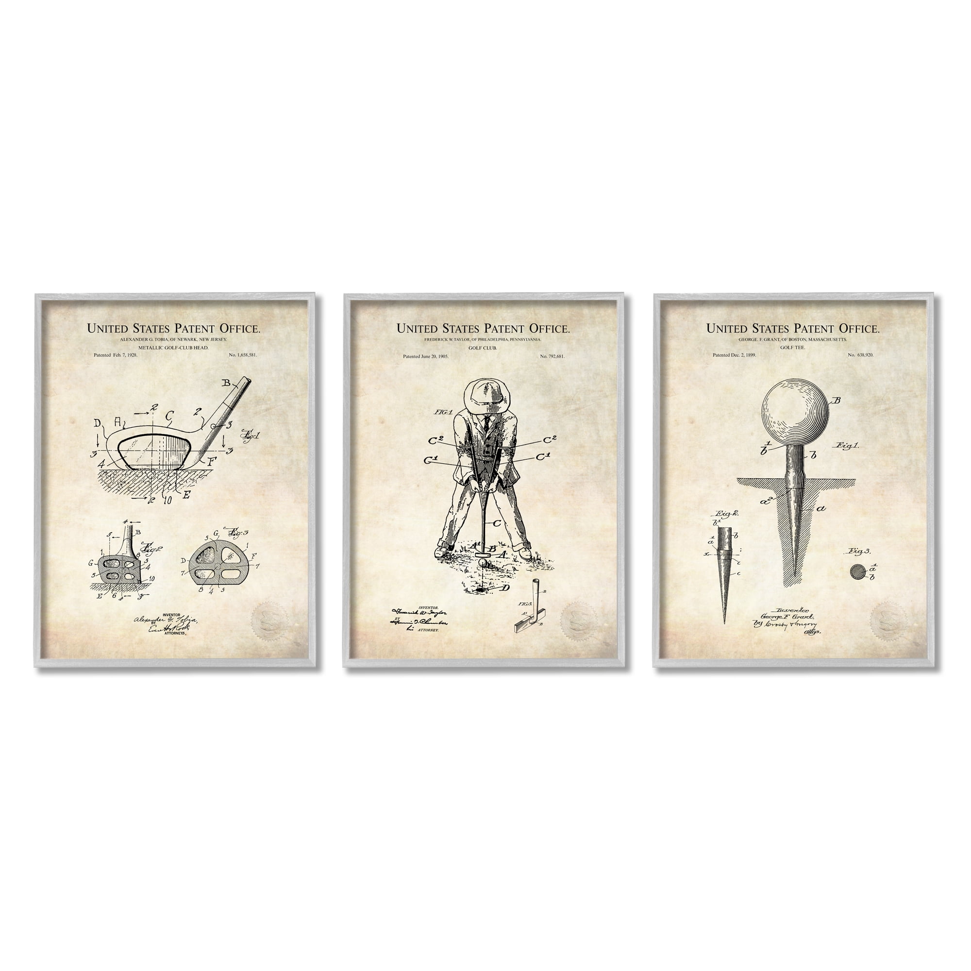 Golf Sport Vintage Patent Club Head and Tee Diagram Typography Graphic Art Framed Art Print Wall Art, Set Of 3