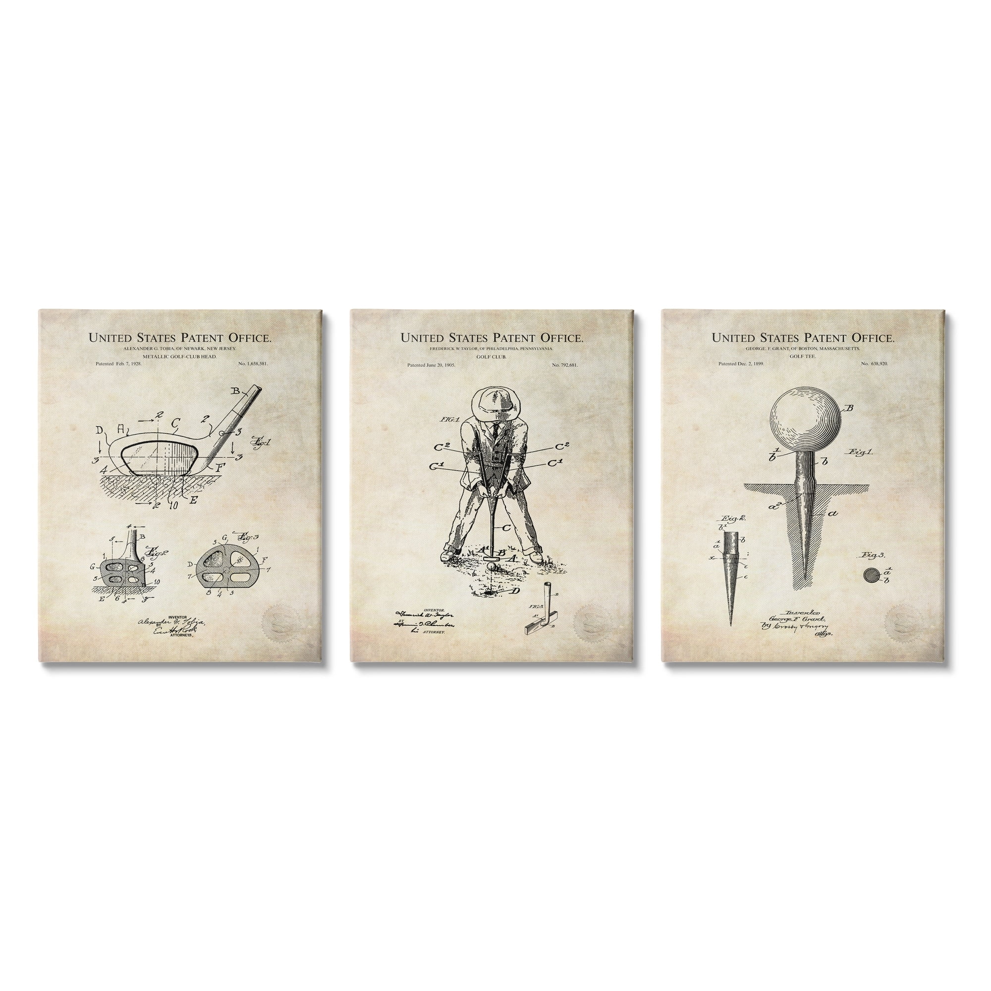 Golf Sport Vintage Patent Club Head and Tee Diagram Typography Graphic Art Gallery-Wrapped Canvas Print Wall Art, Set Of 3