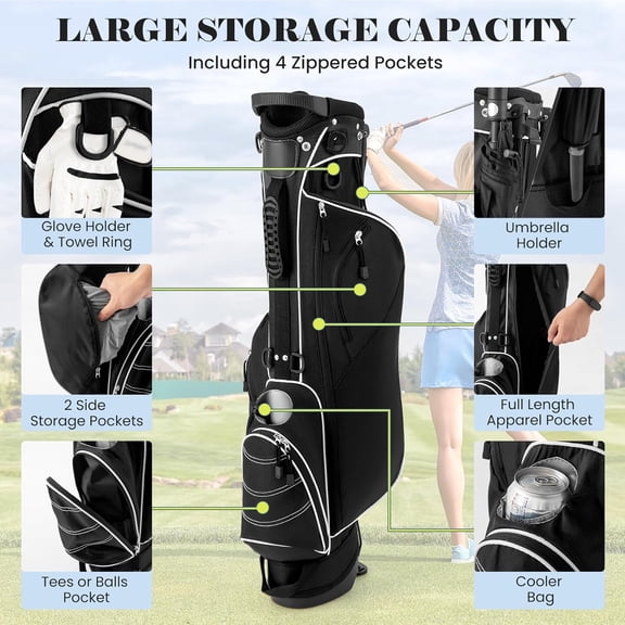 Golf Stand Bag with 4-Way Dividers and Multiple Pockets for Storage