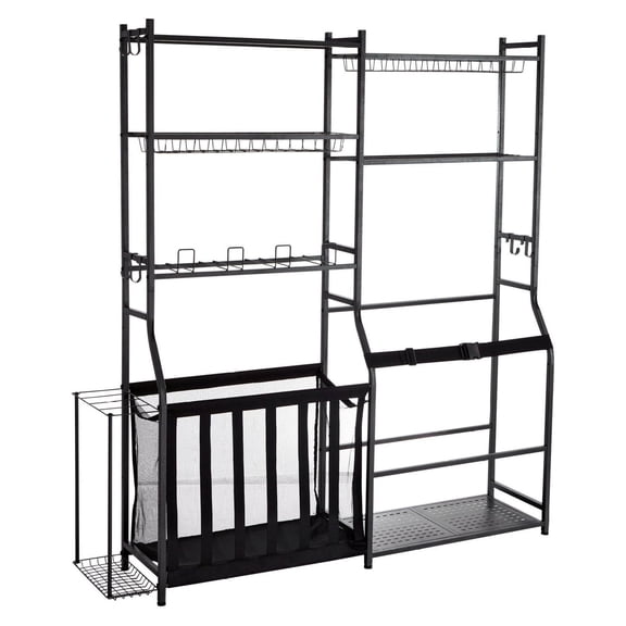 Golf Storage Organizer, 2 Golf Bag Holder, Sports Equipment Rack, Steel Ball Cart, Garage Shelves with Baskets & Hooks, Black