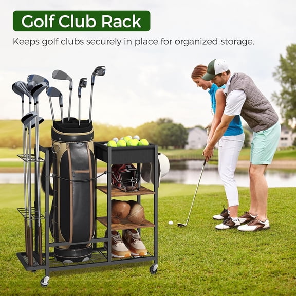 Golf Storage Organizer for Garage with Bag Stand and Club Rack, Freestanding Equipment Holder for Home Shed Basement