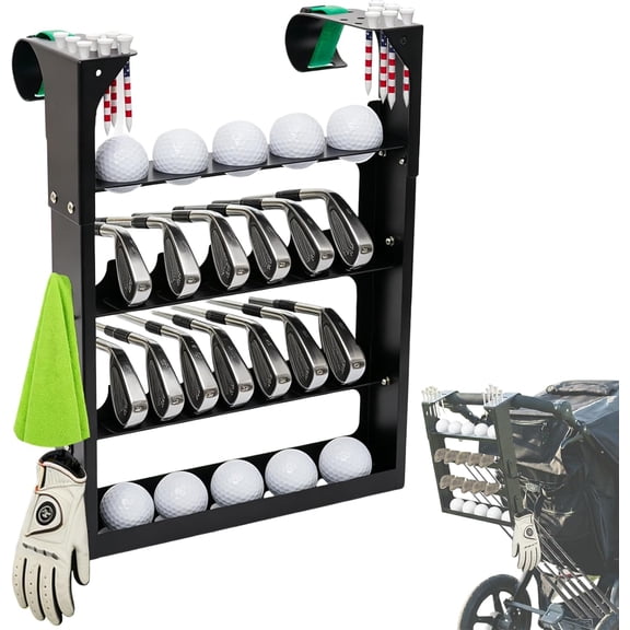 Golf Stroller Attachment - Metal Golf Club Holder for Strollers,12-Club & 10-Ball 4 hooks Capacity with Adjustable for Straps Outdoor Golf,Fits Single & Double Strollers,Ideal Golf Gift for Parents