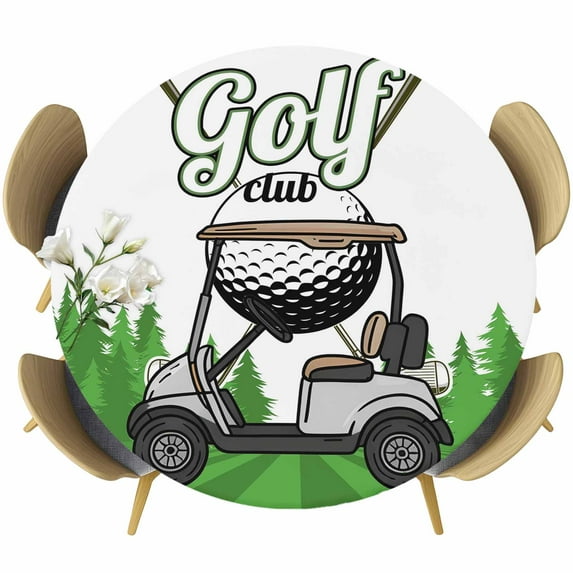 Golf Table Cloth, Round Fitted Tablecloths with Elastic Edge, Green Forest Tree Balls Clubs Sports Cartoon Wipeable Waterproof Table Cover for Kitchen Wedding 55-60 Inches