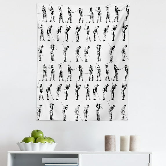 Golf Tapestry, Golf Swing Shown in 14 Stages Sports Hobby Themed Sketch Art Storyboard Print, Fabric Wall Hanging Decor for Bedroom Living Room Dorm, 5 Sizes, Black White, by Ambesonne