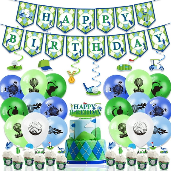 Golf Theme Birthday Party Decoration Latex Balloons Set Happy Birthday Banner Cake Topper for Sport Theme Party Supplies