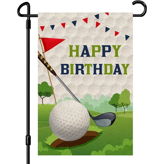 Golf Themed Happy Birthday Garden Flag, Boys Girls Adults Birthday Party Yard Sign, Sport Birthday Party Indoor Outdoor Yard Lawn Sign Decor, Burlap Double Sided