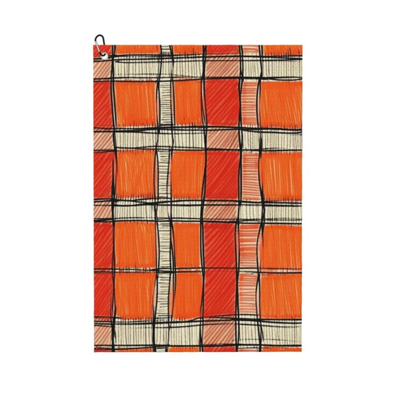 Golf Towel 24x16in Absorbent Quick Dry Decontamination Mountain-Climbing Clench Designed To Carry Four Side Locks Orangered Houndstooth Checkered Hand-Drawn Sketch_3