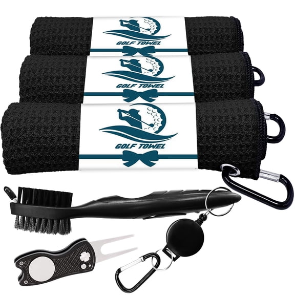 Golf Towel Set - 3 Microfiber Waffle Pattern Golf Towels & Club Brush & Divot Repair Tool, Accessories for Men & Women