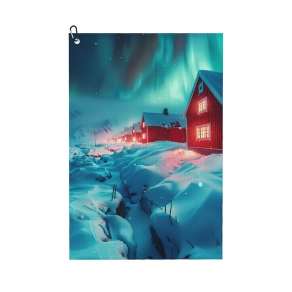 Golf Towels for Golf Bags For Men Women - Aurora Borealis Village 24x16in Absorbent Quick Drying Golf Towel for Cleaning Golf Ball Club Golf Bag Accessories with Carabiner