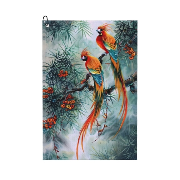 Golf Towels for Golf Bags For Men Women - Colorful Birds Pine Branch 24x16in Absorbent Quick Drying Golf Towel for Cleaning Golf Ball Club Golf Bag Accessories with Carabiner