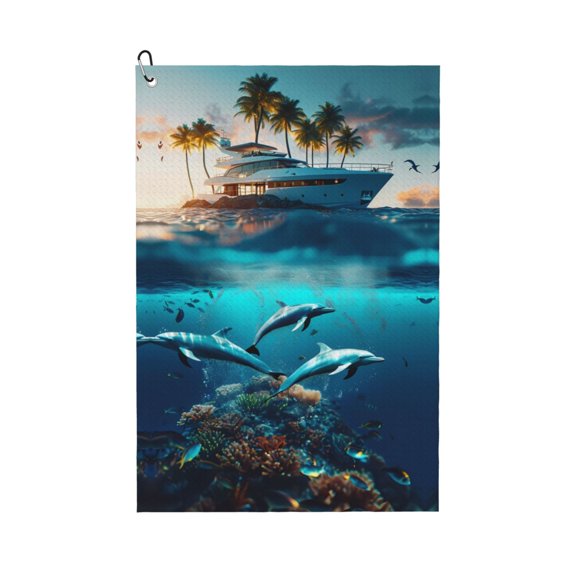 Golf Towels for Golf Bags For Men Women - Hawaiian Ship Dolphin 24x16in Absorbent Quick Drying Golf Towel for Cleaning Golf Ball Club Golf Bag Accessories with Carabiner