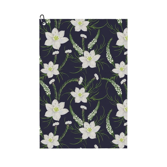 Golf Towels for Golf Bags For Men Women - Lilies Flowers Pine Green 24x16in Absorbent Quick Drying Golf Towel for Cleaning Golf Ball Club Golf Bag Accessories with Carabiner
