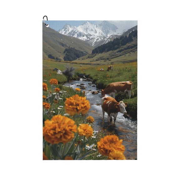 Golf Towels for Golf Bags For Men Women - Mountain Cows Flower Stream 24x16in Absorbent Quick Drying Golf Towel for Cleaning Golf Ball Club Golf Bag Accessories with Carabiner