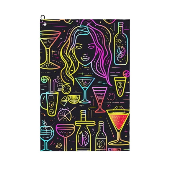 Golf Towels for Golf Bags For Men Women - Neon Bar Drinks 24x16in Absorbent Quick Drying Golf Towel for Cleaning Golf Ball Club Golf Bag Accessories with Carabiner