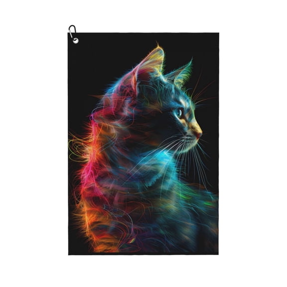 Golf Towels for Golf Bags For Men Women - Neon Spectrum Cat Portrait 24x16in Absorbent Quick Drying Golf Towel for Cleaning Golf Ball Club Golf Bag Accessories with Carabiner