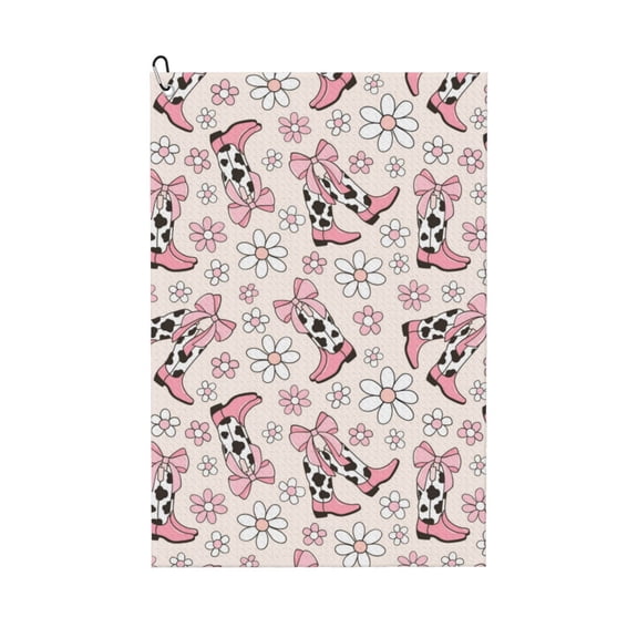 Golf Towels for Golf Bags For Men Women - Retro cowgirl boots flower pink 24x16in Absorbent Quick Drying Golf Towel for Cleaning Golf Ball Club Golf Bag Accessories with Carabiner