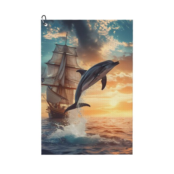 Golf Towels for Golf Bags For Men Women - Sailing Dancing Dolphin 24x16in Absorbent Quick Drying Golf Towel for Cleaning Golf Ball Club Golf Bag Accessories with Carabiner