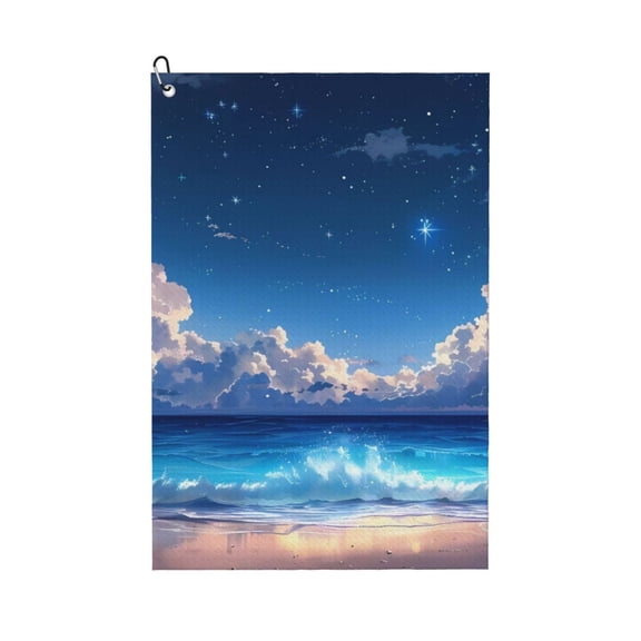 Golf Towels for Golf Bags For Men Women - Starry Night Ocean View 24x16in Absorbent Quick Drying Golf Towel for Cleaning Golf Ball Club Golf Bag Accessories with Carabiner