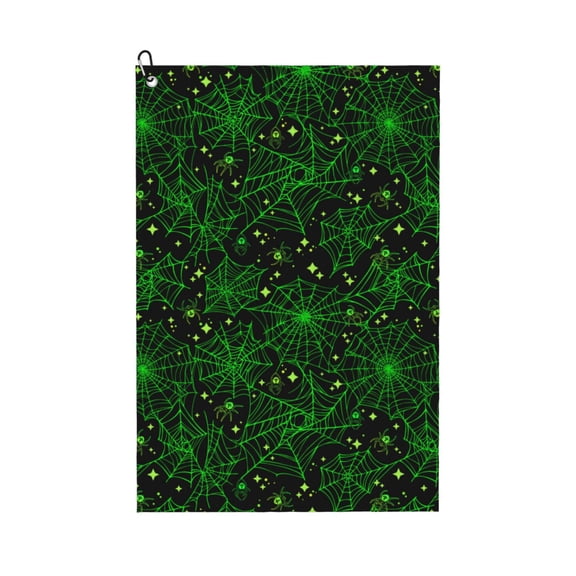 Golf Towels for Golf Bags For Men Women - green bright spiders web star 24x16in Absorbent Quick Drying Golf Towel for Cleaning Golf Ball Club Golf Bag Accessories with Carabiner