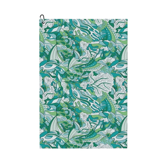 Golf Towels for Golf Bags For Men Women - green doodle pattern 24x16in Absorbent Quick Drying Golf Towel for Cleaning Golf Ball Club Golf Bag Accessories with Carabiner