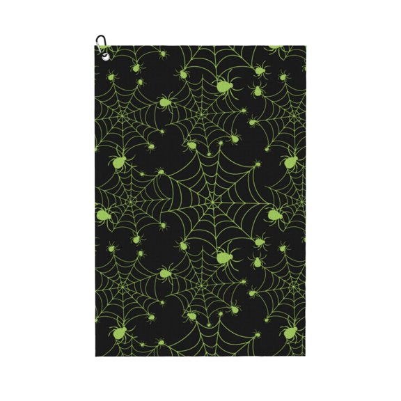 Golf Towels for Golf Bags For Men Women - halloween green spiderweb cobweb 24x16in Absorbent Quick Drying Golf Towel for Cleaning Golf Ball Club Golf Bag Accessories with Carabiner