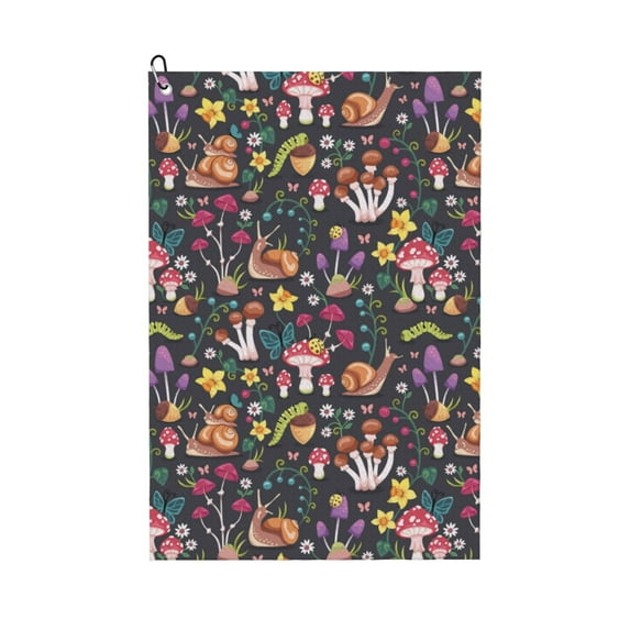 Golf Towels for Golf Bags For Men Women - Mushrooms Snails Butterflies 24x16in Absorbent Quick Drying Golf Towel for Cleaning Golf Ball Club Golf Bag Accessories with Carabiner