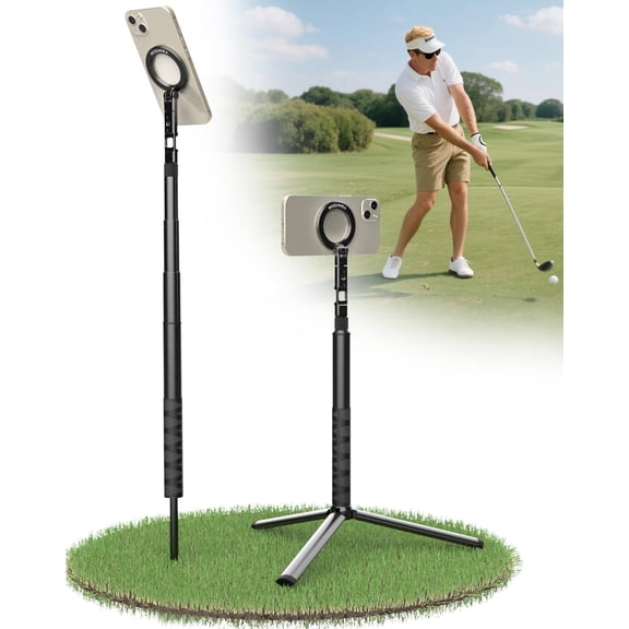 Golf Tripod & Monopod Magnetic Phone Holder Golf Selfie Stick Tripod Ground Mount to Record Golf Swing Adjustable Golf Stick Aluminum Golf Swing Training Aid Compatible with iPhone Android