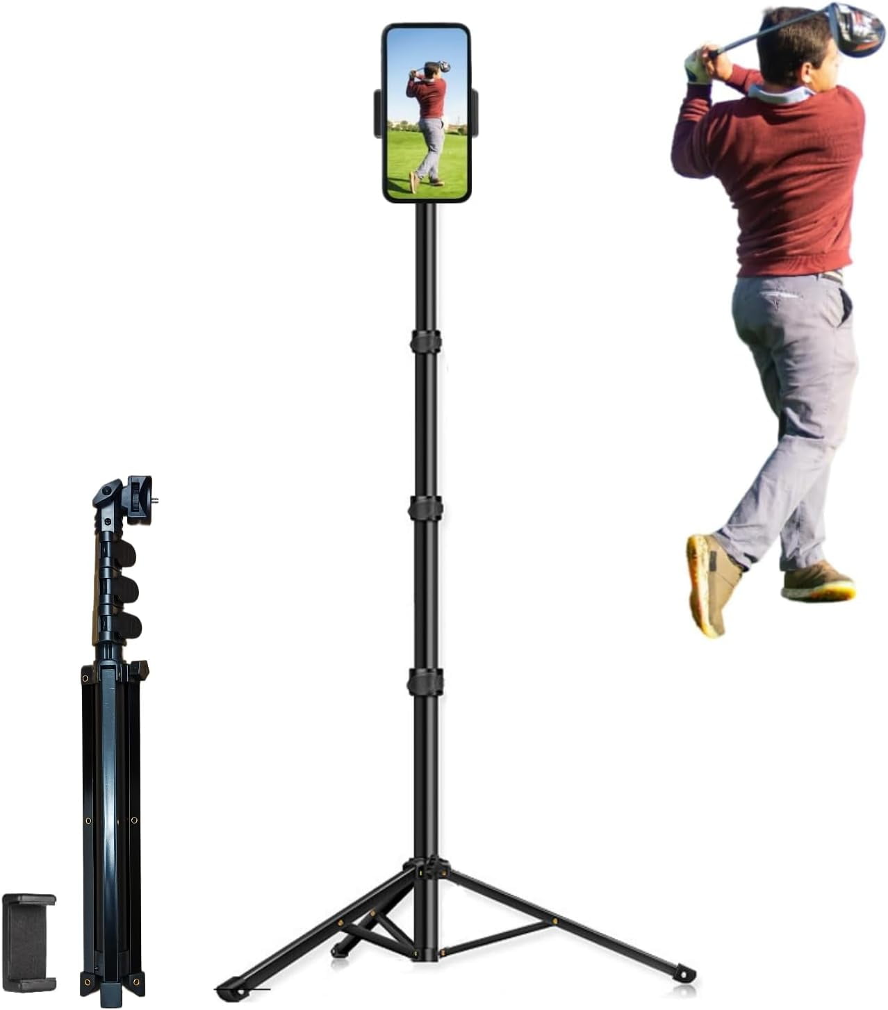 Golf Tripod Stand for Recording Swing, Golf Phone Holder for Swing Training Aid, Golf Selfie Stick Tripod for Phones and Action Cameras