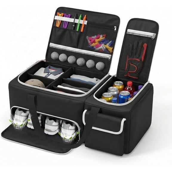 Golf Trunk Organizer, 2-Layer Car Trunk Locker with Ventilated Shoe Compartment for 2 Pairs, Adjustable Dividers, Multi-Pocket Storage for Balls Tees Gloves Towels