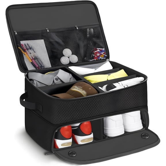 Golf Trunk Organizer 2 Layer with Separate Compartment for 2 Pair of Shoes, Golf Bag Storage for Car, Waterproof,Trunk Locker for Balls, Tees,Gloves