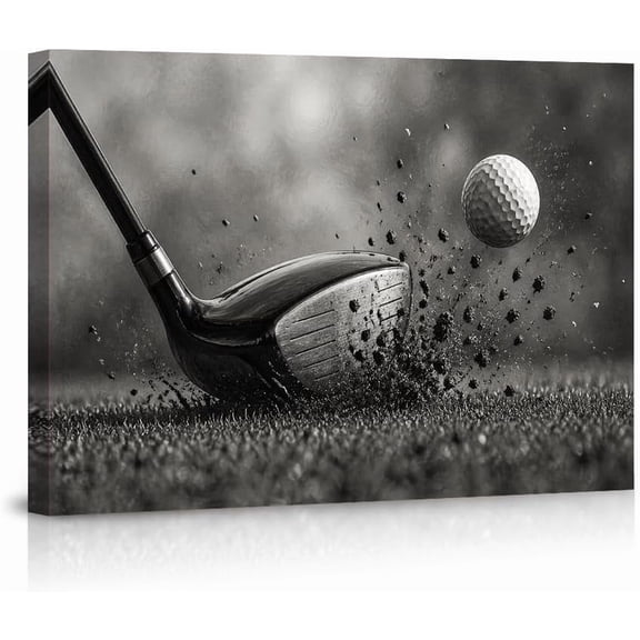 Golf Wall Art Canvas Print, Black & White Sports Picture for Home Office Decor, Dynamic Golf Swing & Ball Artwork, Ready to Hang