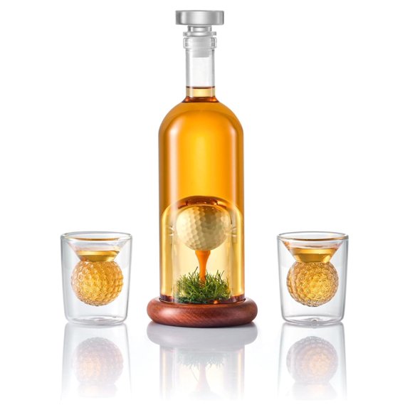 Golf Whiskey Decanter Set with Real Golf and Two Glasses, Lead-Free Glass Bourbon Vodka Tequila Dispenser for Home Bar, Retirement Birthday Gift for Men Women