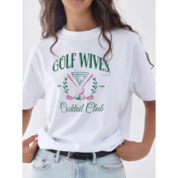 Golf Wives Graphic Print T-Shirt, Short Sleeve Crew Neck Casual Top for Summer & Spring, Women's Clothing
