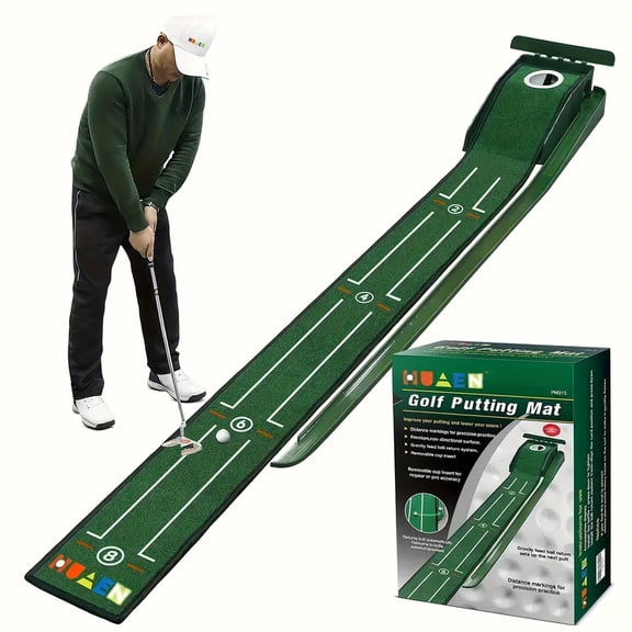Golf accelerator indoor putting mat with automatic ball retrieval and post-hole collection. Sturdy design for home/outdoor use. Enhances putting skills. Ideal for golfers and novices. Great gift.