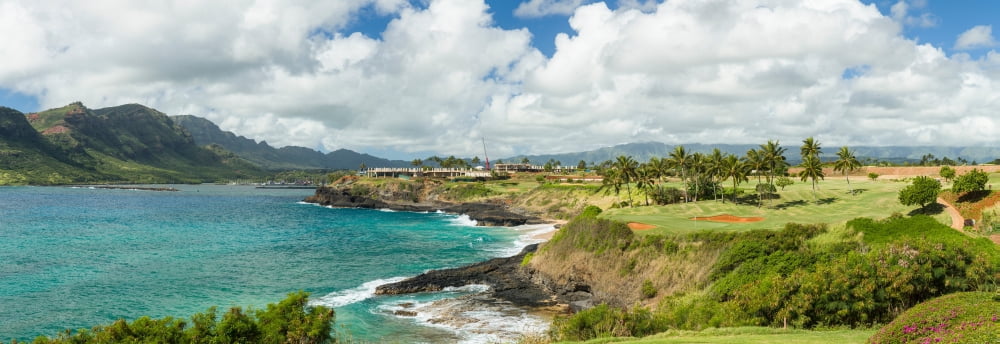 Golf course at coast Nawiliwili Harbor Lihue Kauai County Hawaii USA Canvas Art - Panoramic Images (13 x 36)