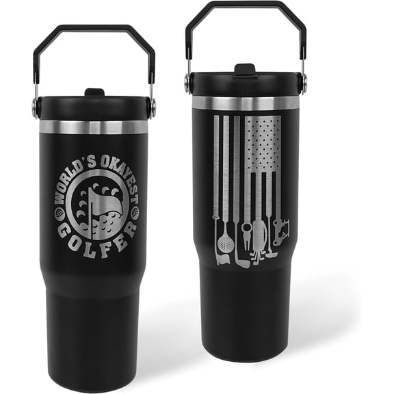 Golfer Gifts for Men, Dad, Husband, Grandpa, Him, Brother,30Oz Engraved Golf Tumbler Stainless Steel Mug with Top Handle and Straw, Worlds Okayest Golfer Golf Lover Travel Cup
