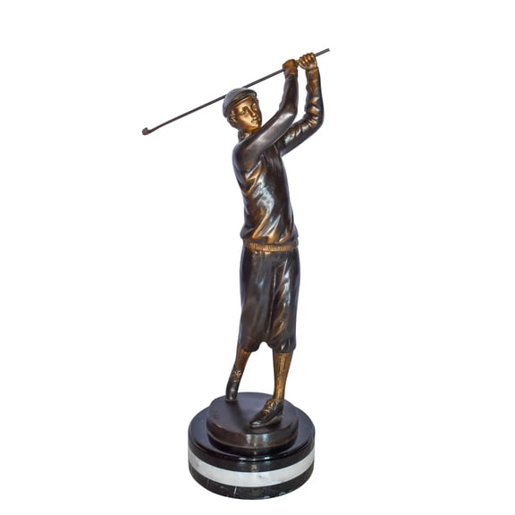 Nifao Golfer In Action Bronze Statue Mounted on Marble Home Office Decor Sculpture, 11"L x 5"W x 23"H