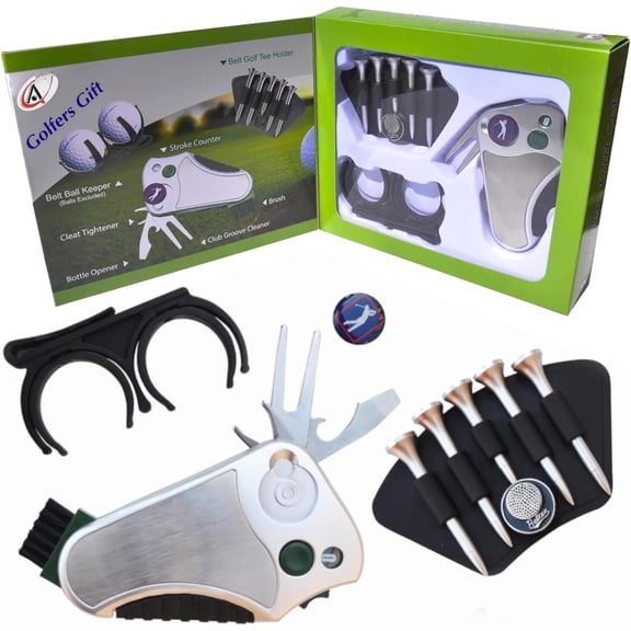 Golfer's  Golf  Set: Tool - Stroke Counter, Divot Tool Repair, Brush, Ball Marker, Cleat Tightener, Club Groove Cleaner Belt Tee Holder Tees Belt Ball Holder -  Idea For Men Women