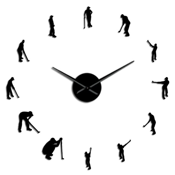 Golfers Pose Silouette Frameless Wall Clock Stickers, DIY Modern Decorative Clocks for Living Room, Bedroom, Office - Easy to Install, Large 3D Clock Design (Black,27in)