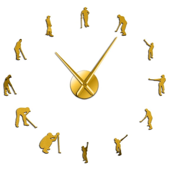Golfers Pose Silouette Frameless Wall Clock Stickers, DIY Modern Decorative Clocks for Living Room, Bedroom, Office - Easy to Install, Large 3D Clock Design (Gold,27in)