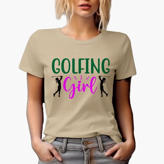 Golfing Girl with a Heart & Swinging Woman or Female Golf Player, Golfing or Golfer Themed Merch Gift, Tan T-Shirt, L
