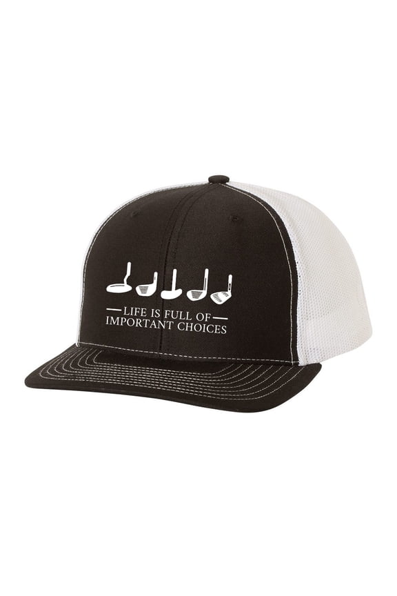 Golfing Life Is Full of Important Choices Funny Men's Embroidered Mesh Back Trucker Hat, Black/White