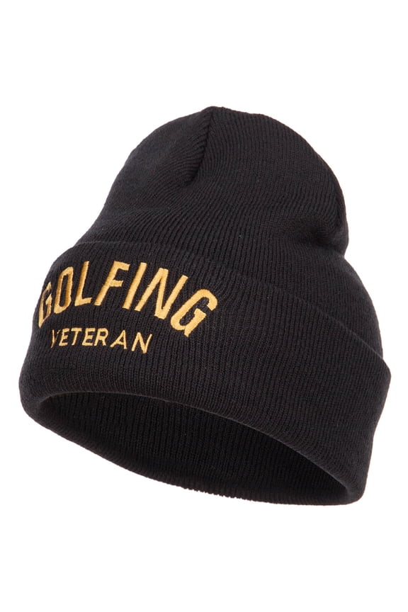 Golfing Veteran Embroidered Long Beanie - Black OSFM