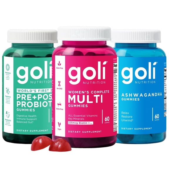 Goli Stress, Beauty & Gut 3 pack Bundle - Pre+Post+Probiotics, Women's Multivitamin, Ashwagandha, Vegan Gluten Free Adult Gummies, 180 gummies total